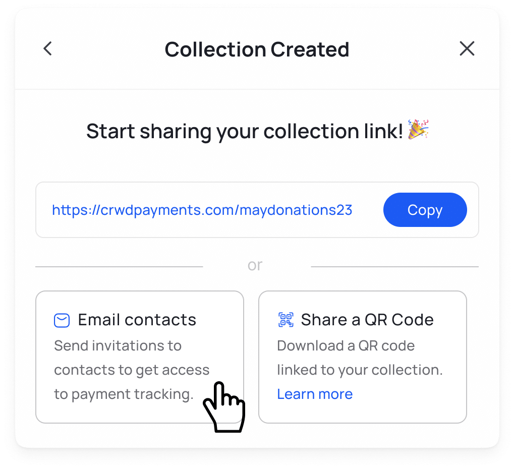 sharing collection link options on Crowded: email