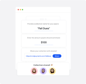 Platform screenshot of how to collect dues online with Crowded with a shareable link
