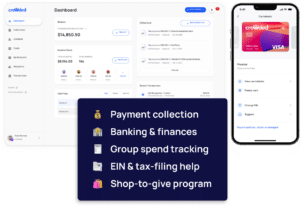 Dashboard view of Crowded Banking platform, with iphone with digital card view. Also a chart that reads: Payment collection, Banking & Finances, group spend tracking, EIN & tax filing help, shop-to-give program